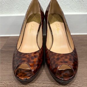 Cole Haan Nike Air Carmel Tortoise Brown Patent Leather Peep-Toe 3 inch Heels